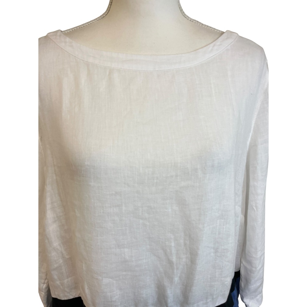 J JILL Linen Colorblock Tunic Top Women Sz L White Blue Coastal Casual Beachy - Picture 4 of 12